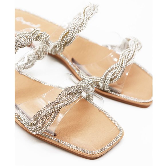 NEW Double Clear Strap Twisted Sparkly Bling Rhinestone Slip On Slides Sandals - Picture 7 of 15